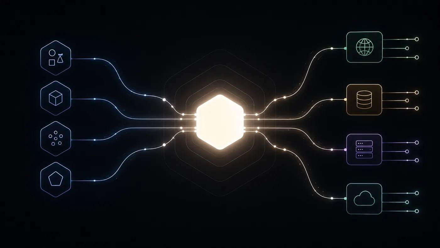 Abstract network diagram where a clear core connects to a limited number of outer systems.