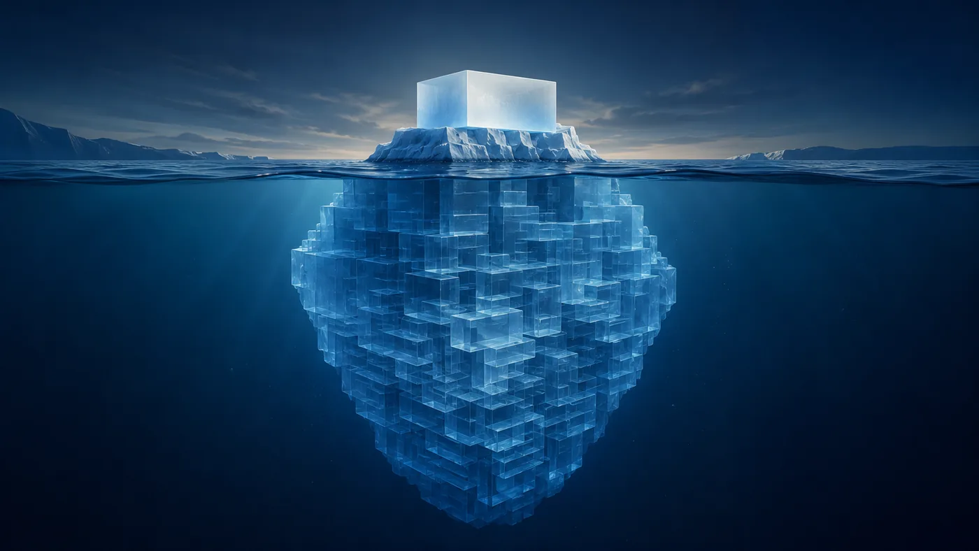 Iceberg where a small visible tip represents direct dependencies and a much larger structure below the surface represents the hidden maintenance surface.