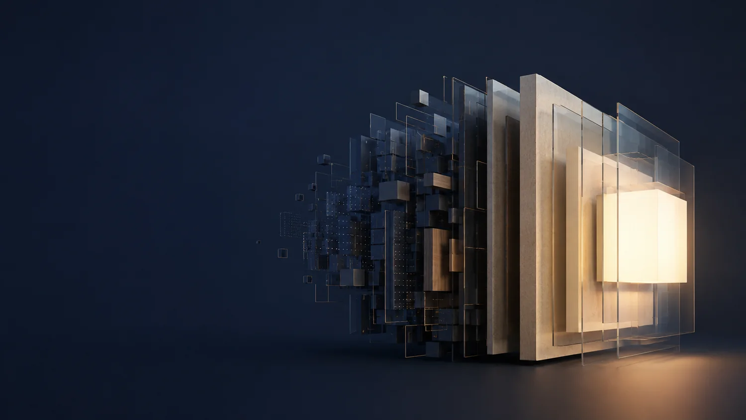 Abstract visualization of many technical layers being pared back toward a simple core.